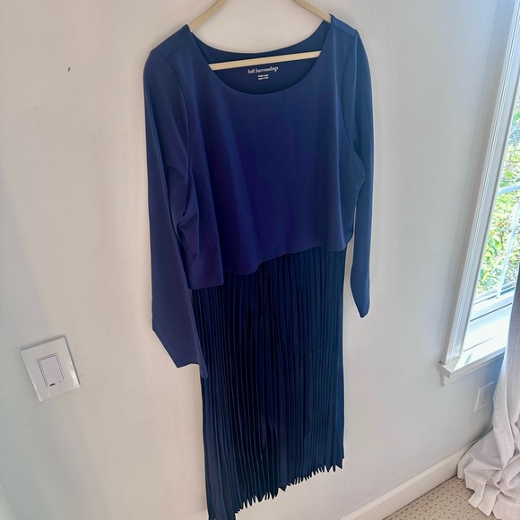 Soft Surroundings Cassandra Midi Dress Pleated Satin Skirt Navy Blue Large P - Picture 2 of 12